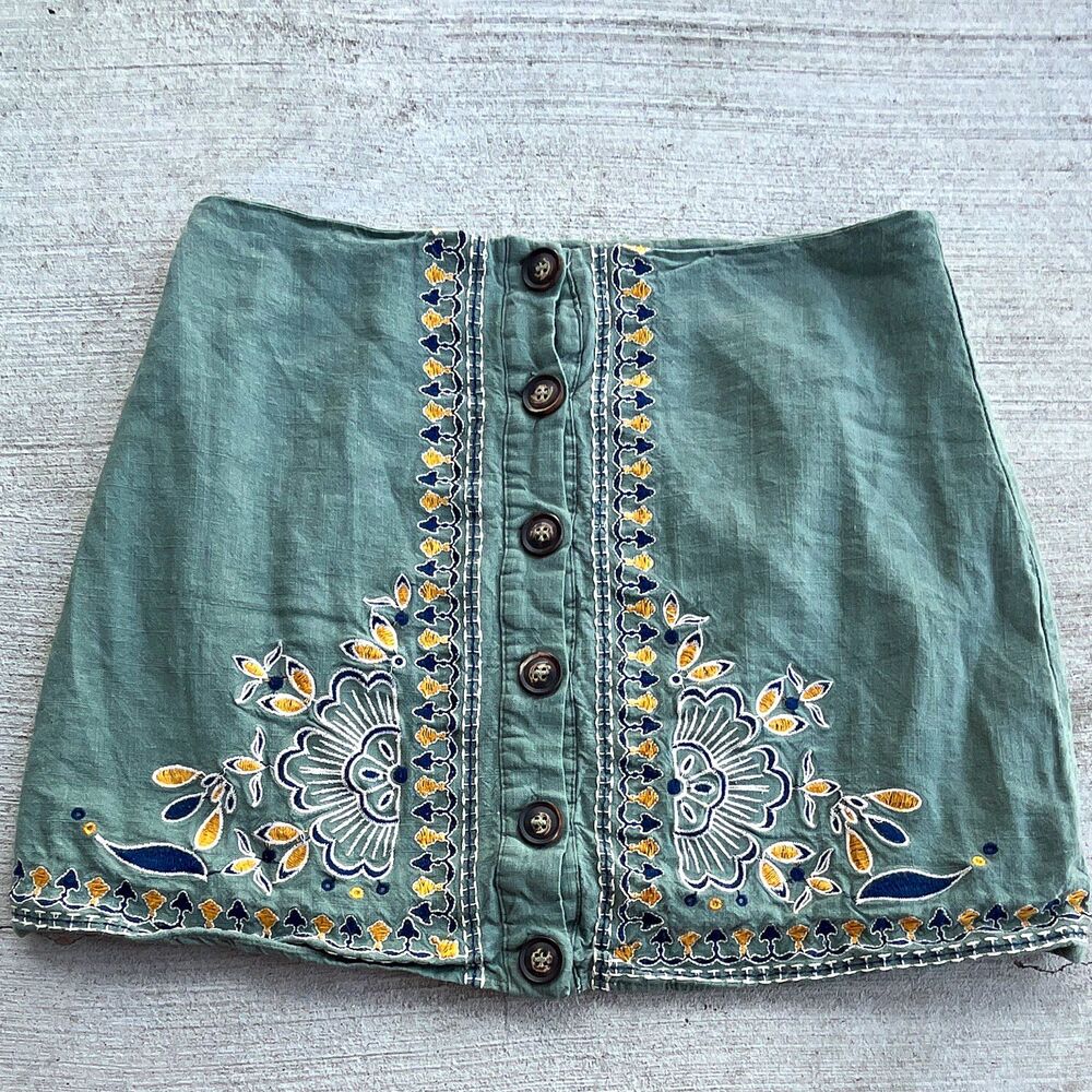 Blue Rain Linen Embroidered Button Front Skirt Womens Medium Boho Festival